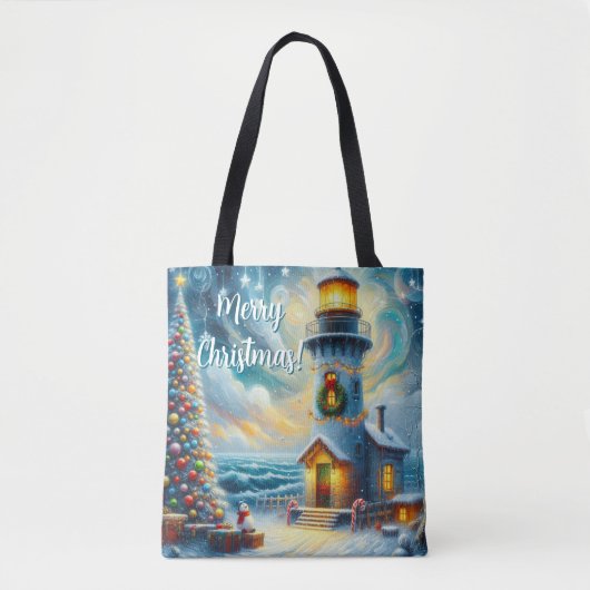 Tote Bag Phare de Noël Arbre Nautique Bleu Côtier (Devant)