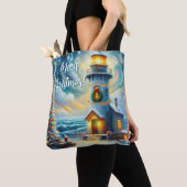 Tote Bag Phare de Noël Arbre Nautique Bleu Côtier (De près)