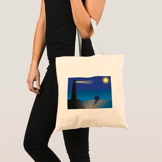 Tote Bag Phare et voilier à Night Moonlit Ocean