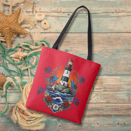 Tote Bag Phare Nautique Floral Rouge Bleu