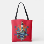 Tote Bag Phare Nautique Floral Rouge Bleu (Dos)