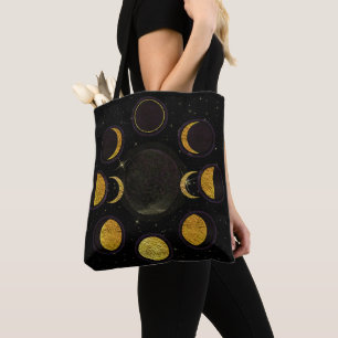 Tote Bag Phases de lune magiques noires et dorées