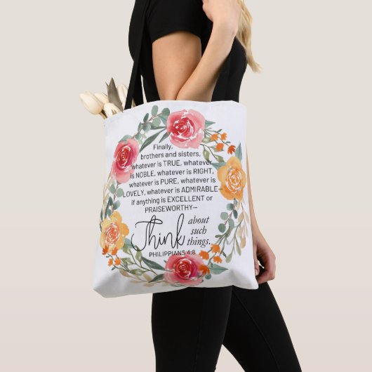Tote Bag Philippiens 4:8 Couronne florale rose et jaune (De près)