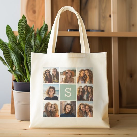 Tote Bag Photo Collage personnalisé Monogramme Mention vert