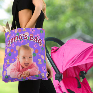 Tote Bag Photo de bébé pourpre personnalisée avec Nounours