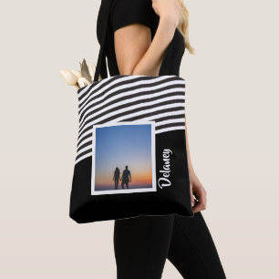 Tote Bag Photo personnalisée en noir et Motif rayé