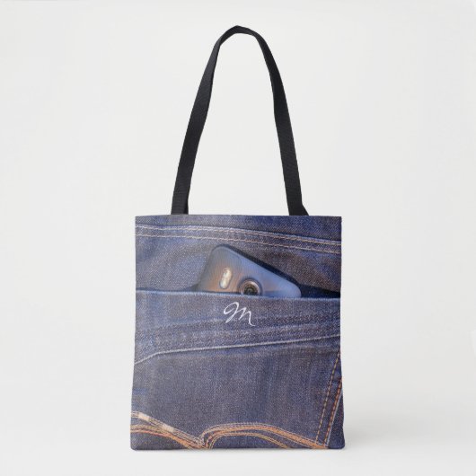 Tote Bag Photo Phone in blue demin jeans monogram (Devant)