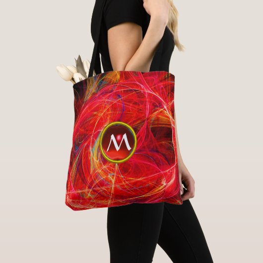 Tote Bag PHOTON GEM CRAZY MONOGRAMME Orange Rouge Fractales (De près)