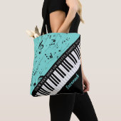 Tote Bag Piano Music Notes Nom du script Black Mint (De près)