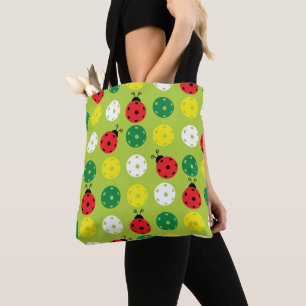 Tote Bag Pickleball ladybugs et pickleballs sur vert frais