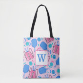 Tote Bag Pickleball Paddle et Balls Pink Preppy initial (Devant)