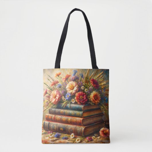 Tote Bag Pile de livre peinture florale (Devant)