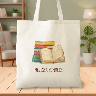 Tote Bag Pile de livres et livre ouvert Nom personnalisé