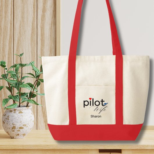 Tote Bag Pilot Wife Script Heart Airplane Simple Custom