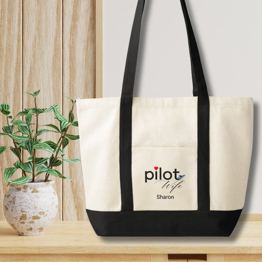 Tote Bag Pilot Wife Script Heart Airplane Simple Custom