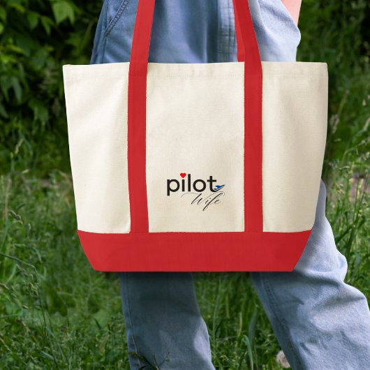 Tote Bag Pilot Wife Script Red Heart Blue Airplane Simple 