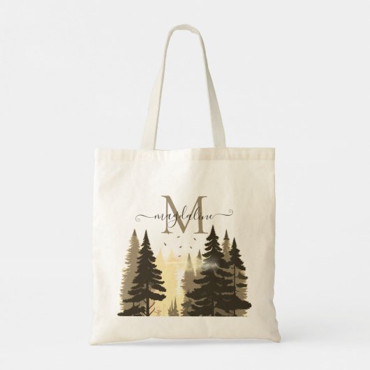 Tote Bag Pine Tree Forest Beige Nom du script Monogramme (Dos)
