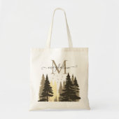 Tote Bag Pine Tree Forest Beige Nom du script Monogramme (Devant)