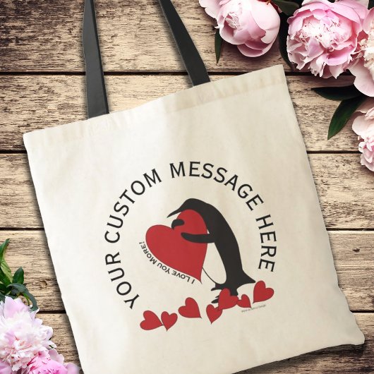 Tote Bag Pingouin de message personnalisé et coeur rouge