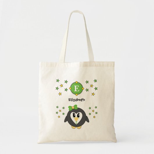 Tote Bag Pingouin mignon avec nom étoile jaune vert (Devant)