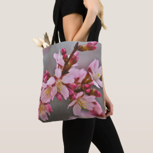 Tote Bag Pink Against A Gray Sky Japanese Cherry Blossoms