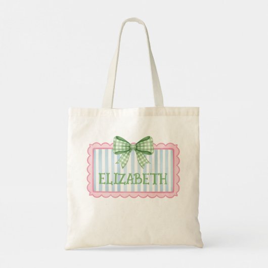 Tote Bag Pink and Blue Frame With Green Gingham Bow (Dos)