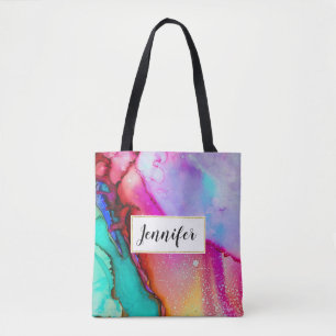 Tote Bag Pink and Turquoise Marble Abstract Watercolor