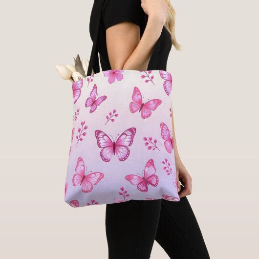 Tote Bag Pink butterflies and flowers pattern (De près)