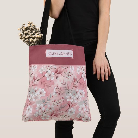Tote Bag Pink cherry blossom monogram (De près)