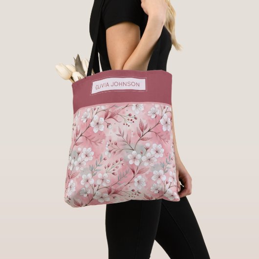 Tote Bag Pink cherry blossom monogram (De près)