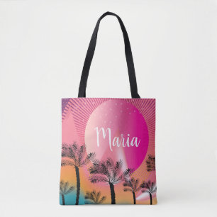 Tote Bag Pink clair été Tropical coucher de soleil Palm Tre