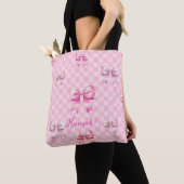 Tote Bag Pink Coquette Bow Checboard (De près)