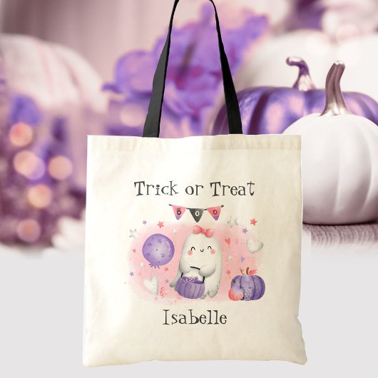 Tote Bag Pink Cute Ghost Trick ou Treat Halloween Nom