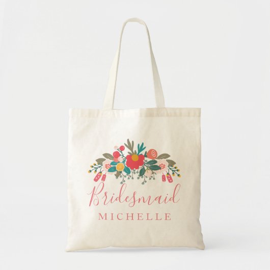 Tote Bag Pink Floral Bouquet Bridesmaid avec nom (Devant)