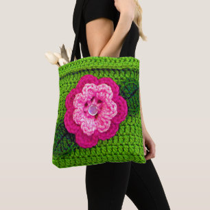 Tote Bag Pink Flower Green Feuilles Artiste Crochet Imprime
