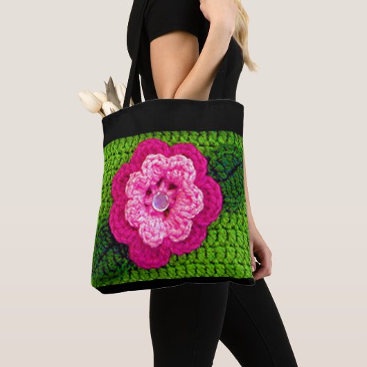 Tote Bag Pink Flower Spring Vert Artiste Crochet Imprimer (De près)