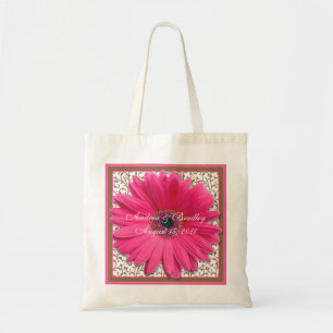 Tote Bag Pink Gerbera Daisy Mariage Brown Welcome Bag