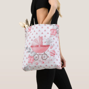 TOTE BAG PINK & GRAY BÉBÉ FILLE PASTEL PRAM BOOTIES