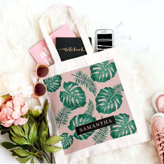 Tote Bag Pink & Green Palm Feuille Motif & nom
