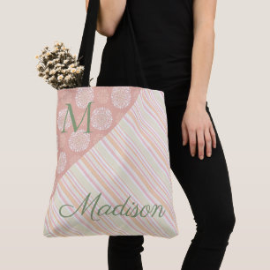 Tote Bag Pink Green Trendy Floral Stripes Nom Monogramme