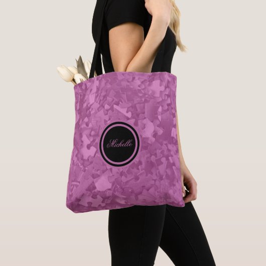 Tote Bag Pink Jigsaw Puzzles Ajouter un nom ou un monogramm (De près)