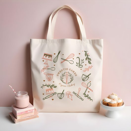 Tote Bag Pink & Olive Green Baking & Cuisine Ustensiles Bou