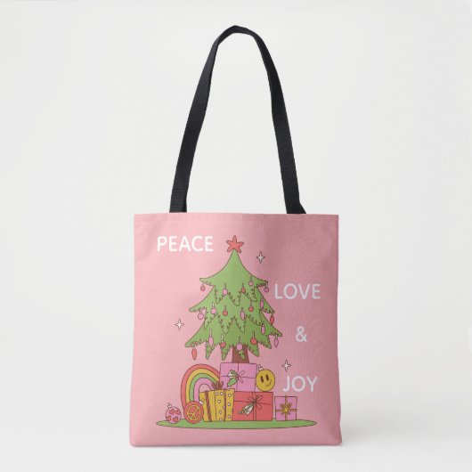 Tote Bag Pink Peace, Love & Joy Arbre de Noël Rétro (Devant)