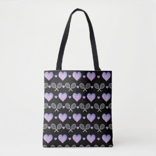 Tote Bag Pink Purple Hearts Motif Tennis Rackets Amour