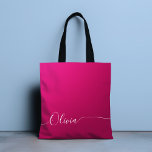 Tote Bag Pink Shimmer White Élégante Calligraphie Nom du sc<br><div class="desc">Pink Shimmer White Elegant Calligraphy Script Personnalisé Ajouter Votre Nom Monogram Sac fourre-tout Book Bag dispose d'un design moderne et tendance simple et élégant avec votre personnalisation avec votre nom ou initiale dans élégante écriture calligraphie script typographie sur un arrière - plan brillant rose métallique. Cadeau parfait pour anniversaire, Noël,...</div>