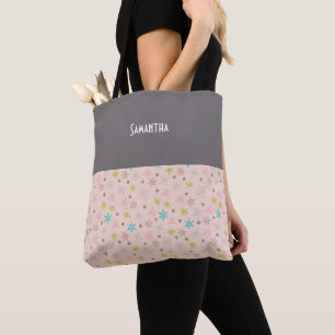 Tote Bag Pink Snowflakes Turquoise Lime Green Grey Nom
