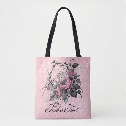 Tote Bag Pink Spider Web avec Roses | Tricoter ou traiter (Devant)