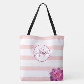 Tote Bag Pink Stripe et Peony Monogramme Personnalisé (Dos)