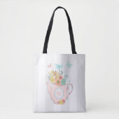 Tote Bag Pink Teapot with Flowers & Butterflies (Devant)