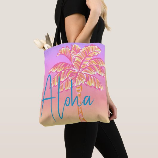 Tote Bag Pink Tropical Coucher de soleil Palm Tree Aloha Ex (De près)